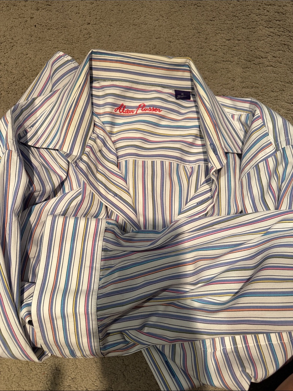 Alan Flusser White Dress Shirt with Blue, Pink & Yellow Stripes